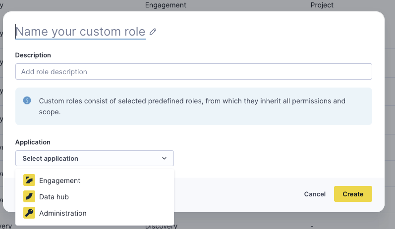 Create custom role form with fields for role name, description, application selection (Engagement, Data hub, Administration), and action buttons