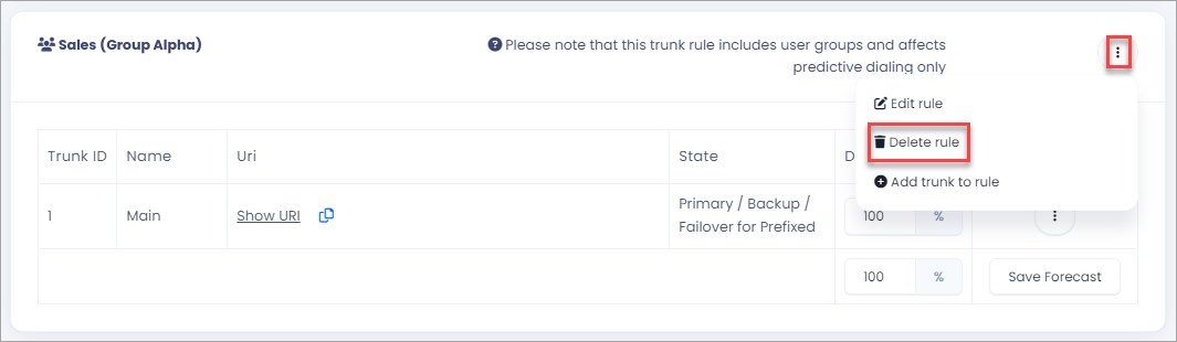 Screenshot of the Delete rule option
