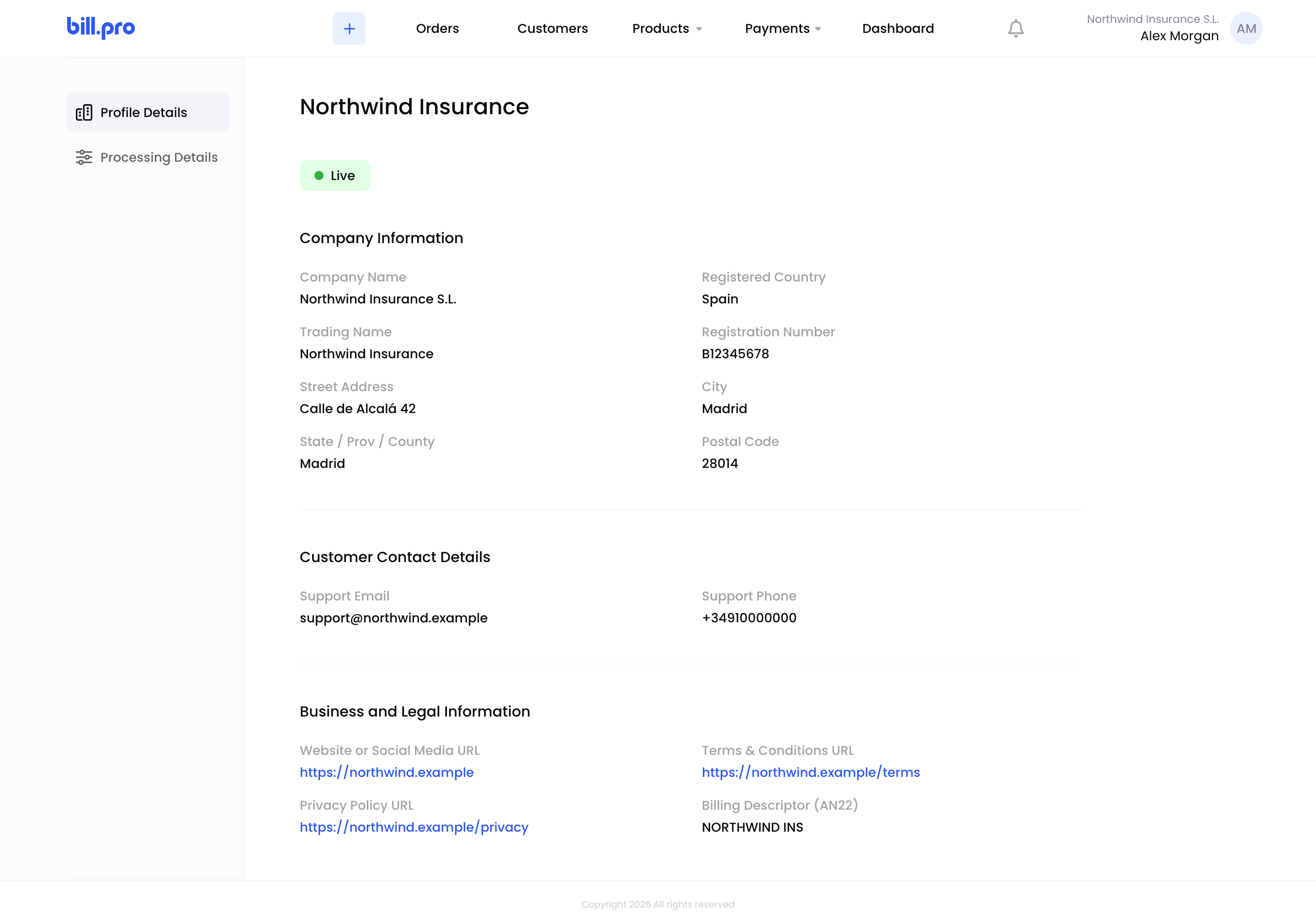 Company information on the Profile Details tab