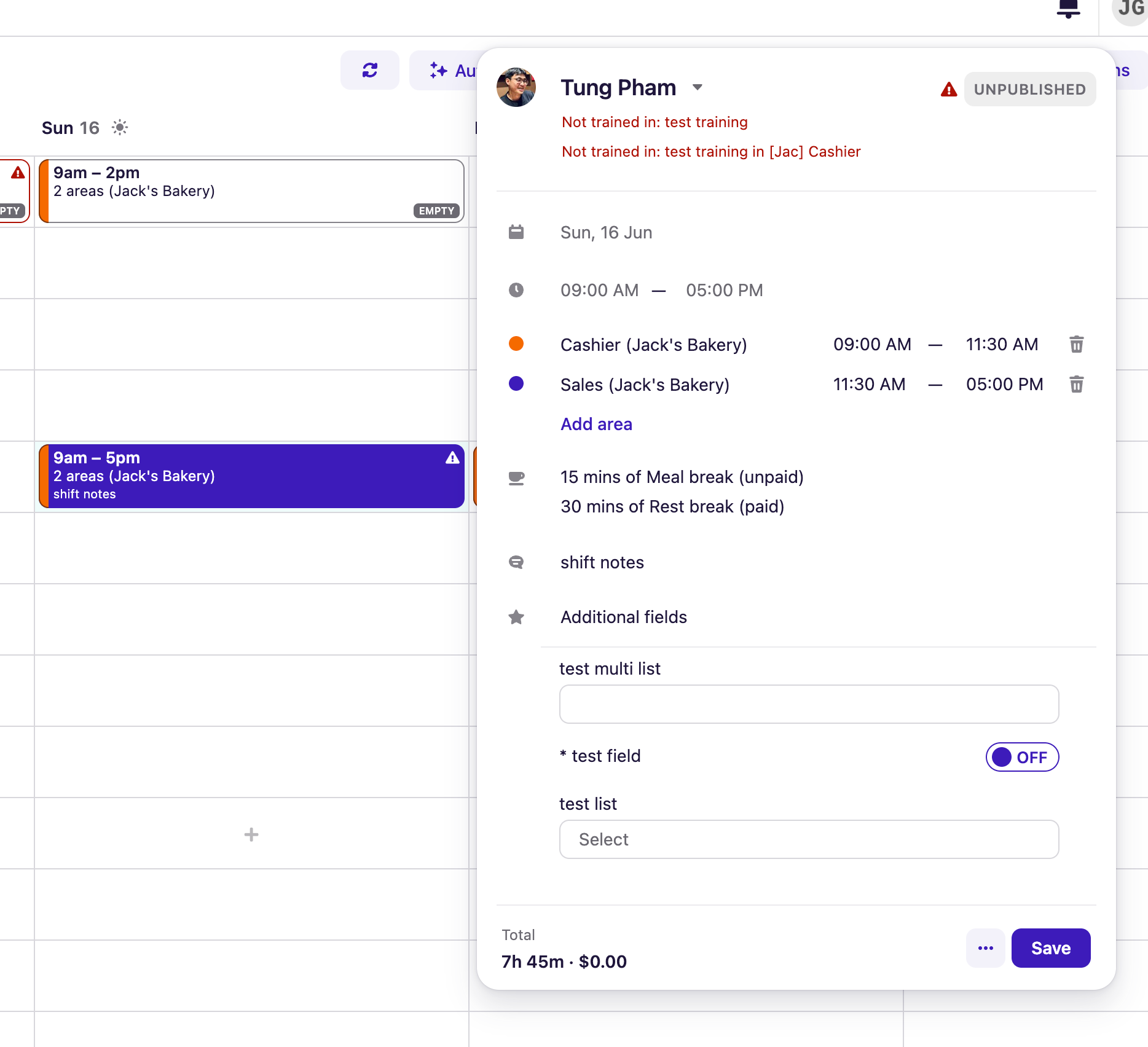 The Deputy UI showing two sub-shifts across multiple locations.