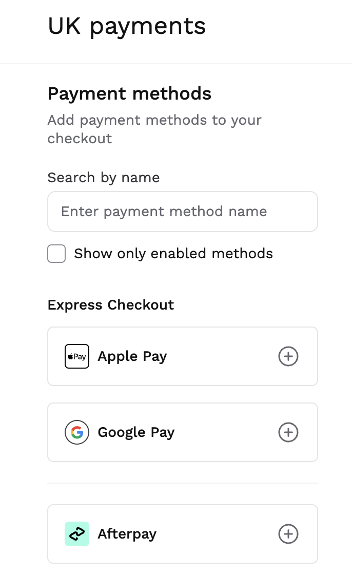 Example of available payment methods