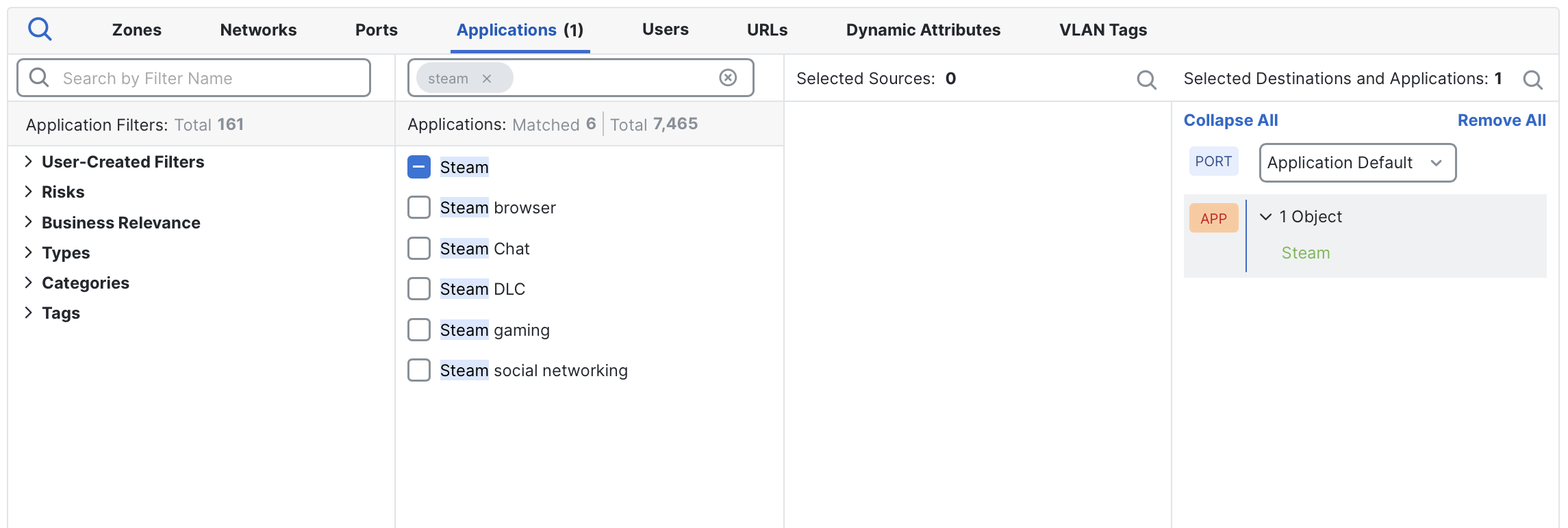 Cisco FMC interface showing the Steam application added to the user with Applicaction Default ports specified