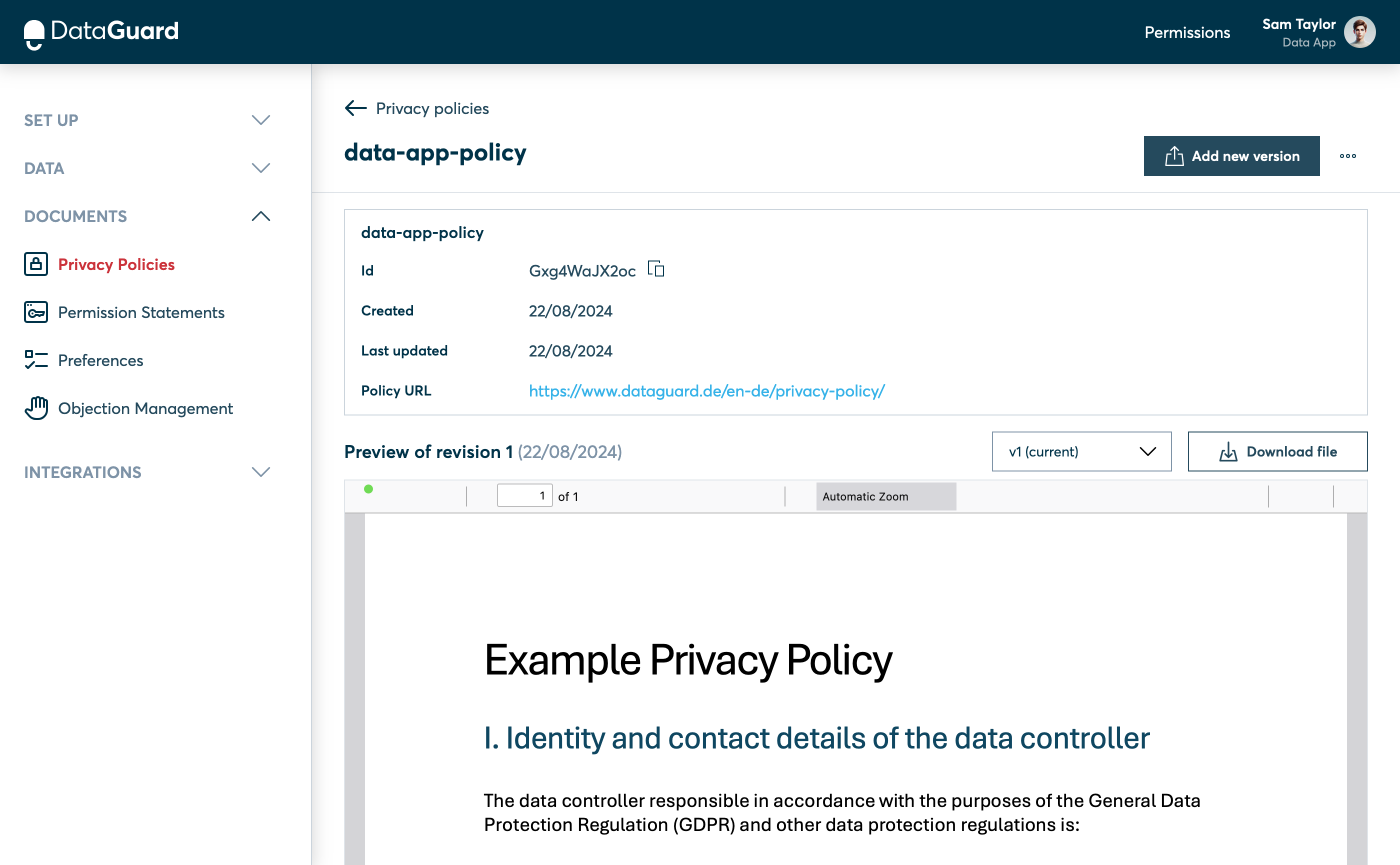 Privacy Policy page with "Add new version" button in the top right.