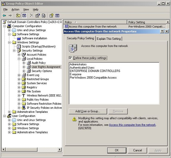 Group Policy Object Editor, User Rights Assignment