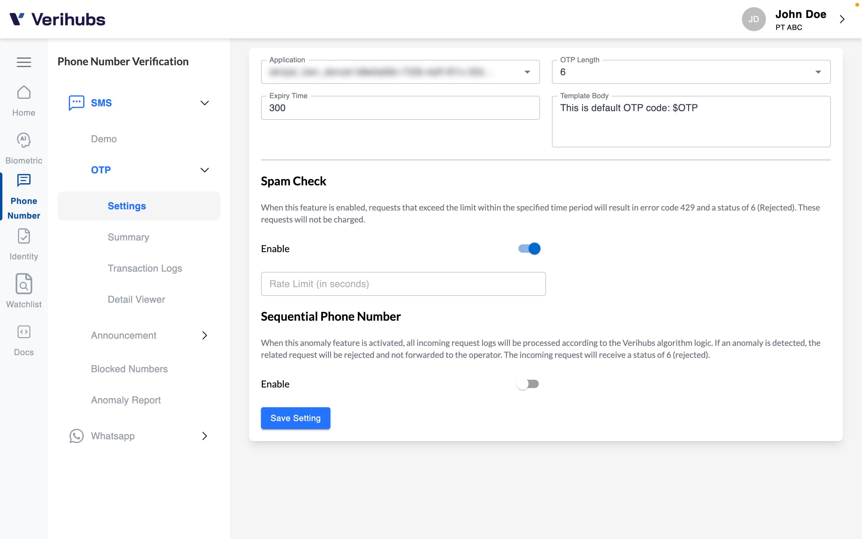 Verihubs Dashboard SMS OTP Settings