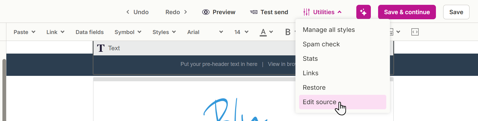 Use Edit source to add your app block HTML manually during development
