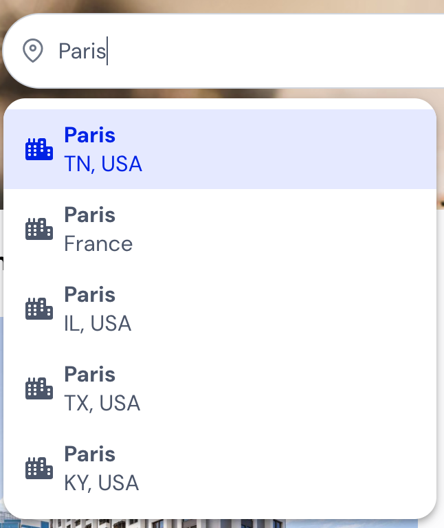 A list of the autocomplete options for the search Paris.