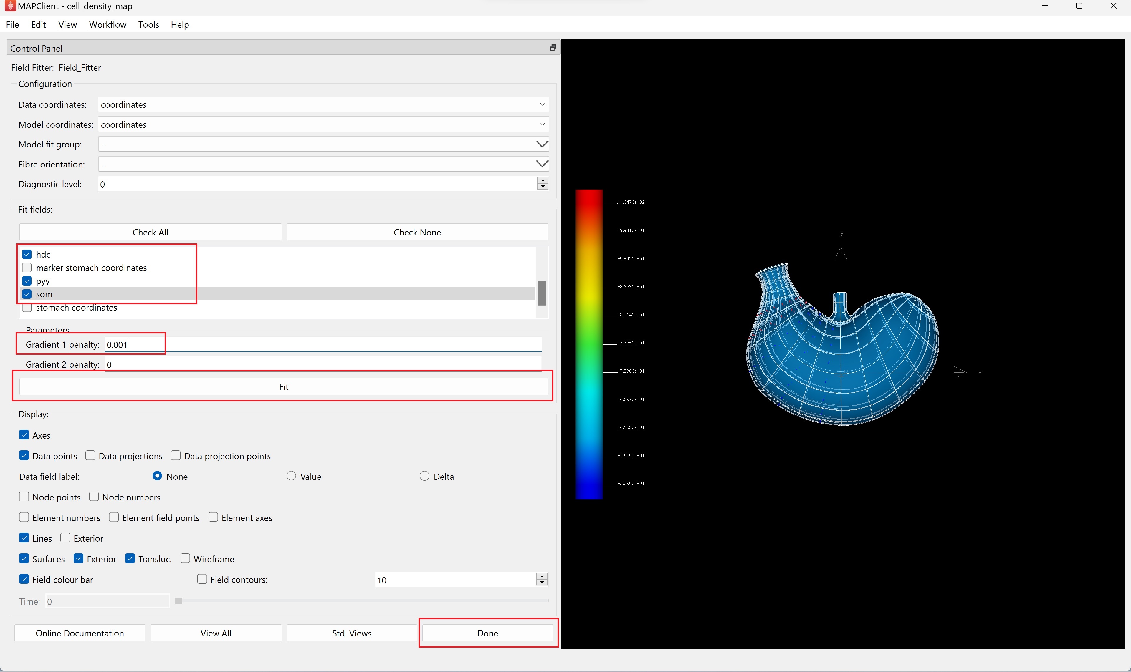 Figure 10. _Field Fitter_ step showing the stomach scaffold and the six cell density fields selected for fitting (three cell density selections are hidden from view)