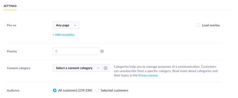 Settings section showing Fire on, Priority, Consent category, and Audience options