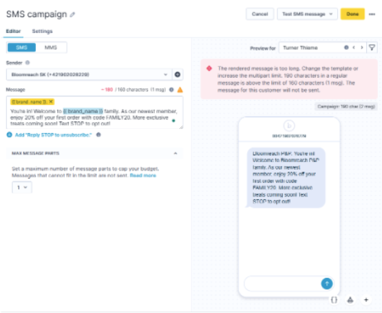 SMS message editor with character counter and message preview