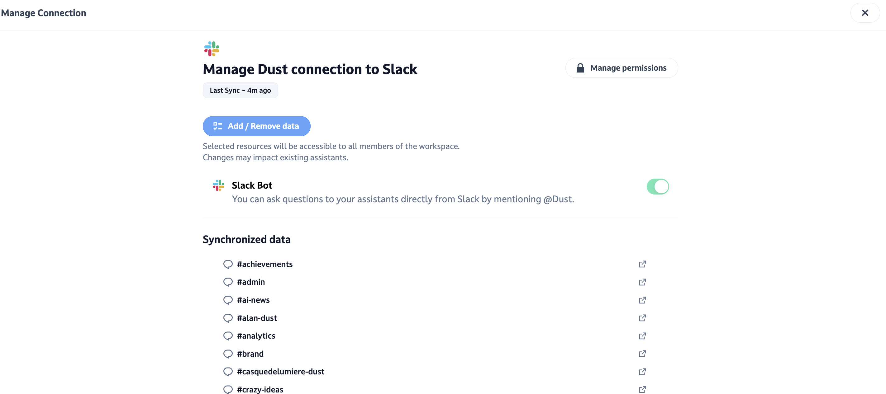 Click on Add/Remove data to select or unselect public Slack channels, toggle right to enable the Slack bot