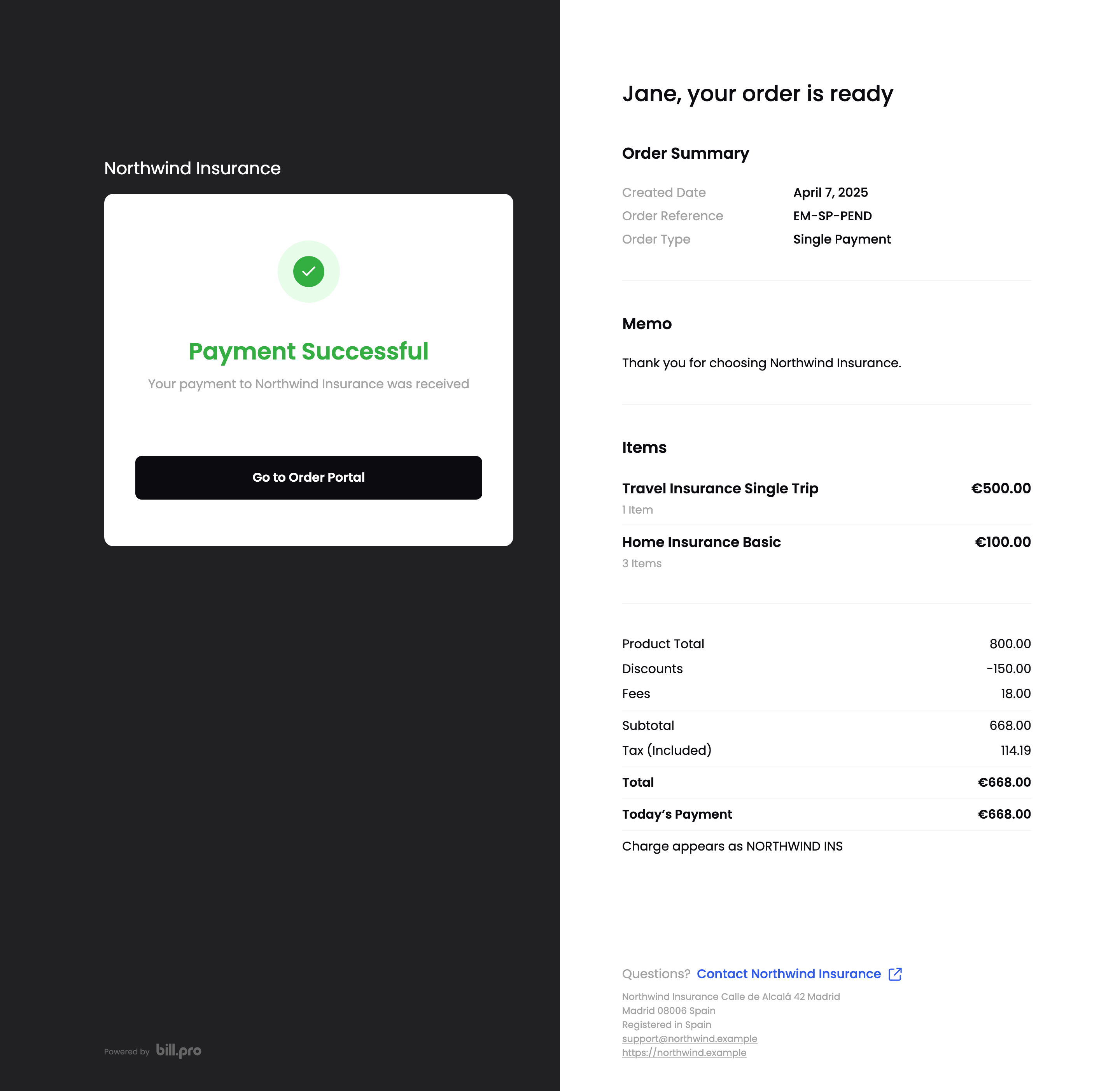 The Payment Successful screen
