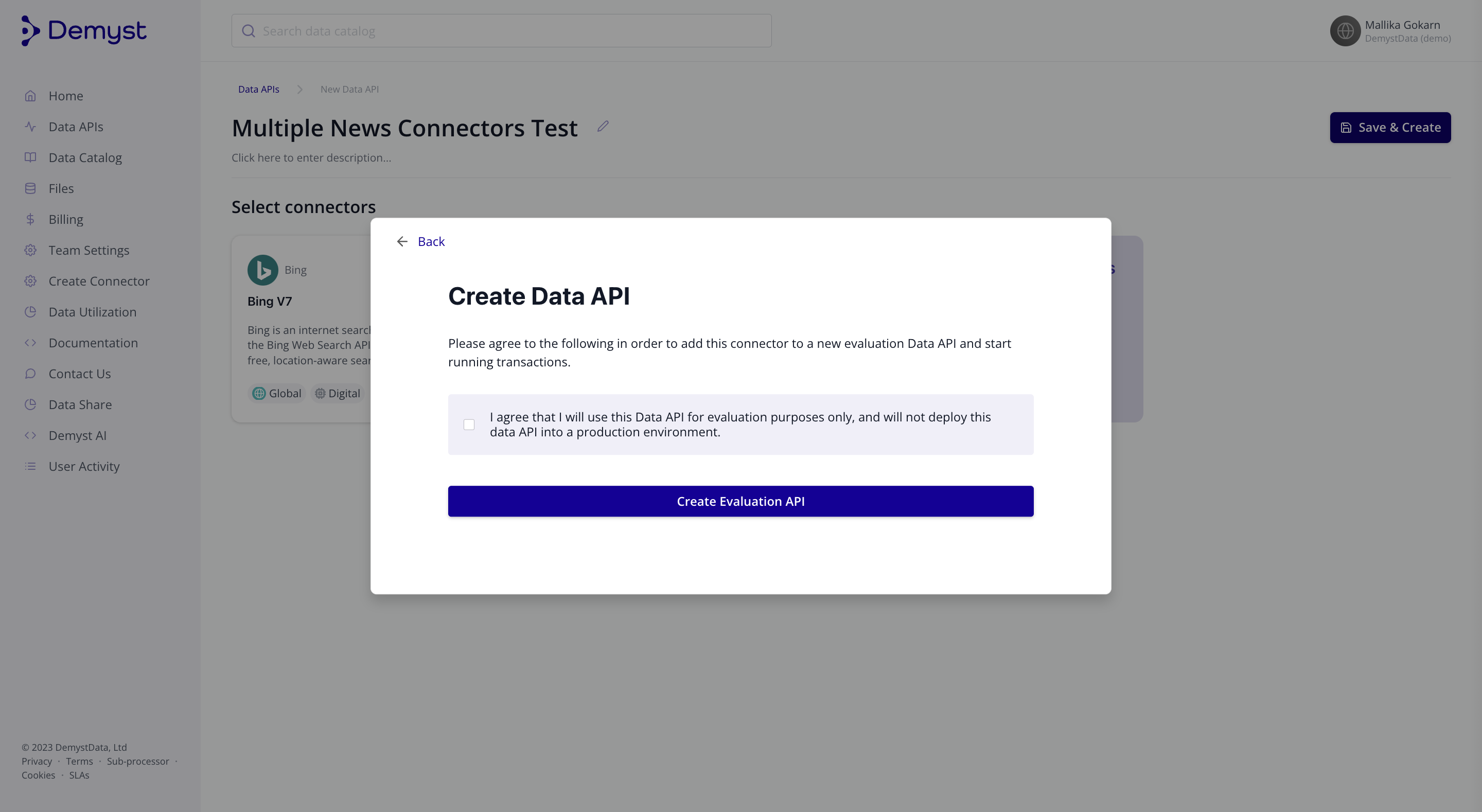 Accept the terms and conditions to Create a new Evaluation API.