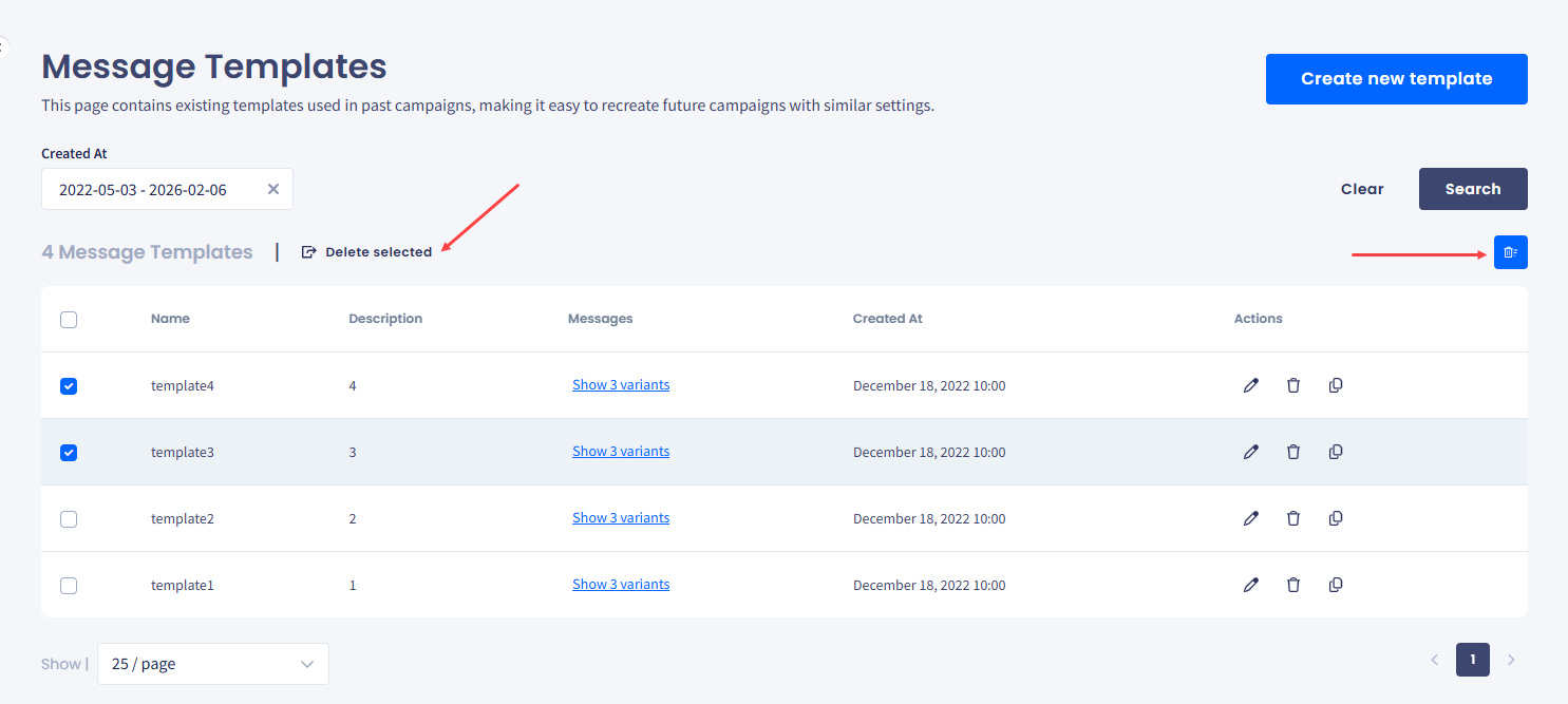 Screenshot of templates delete options