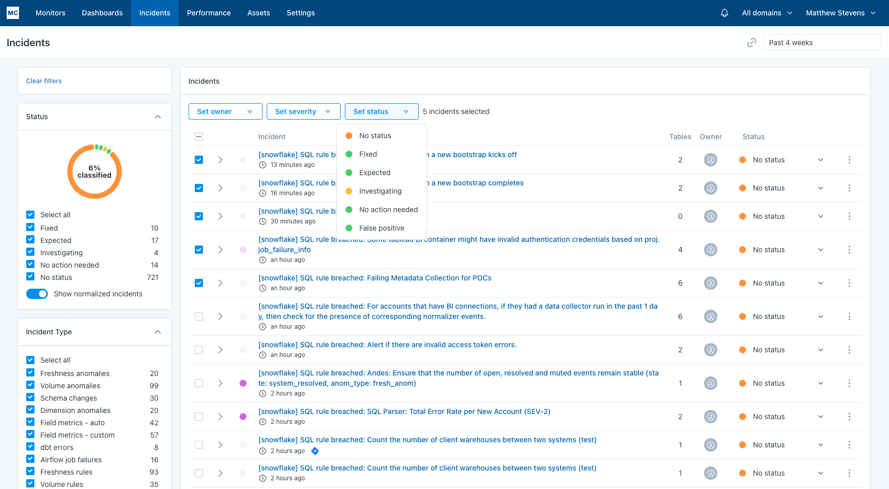 Incidents feed with multiple incidents selected