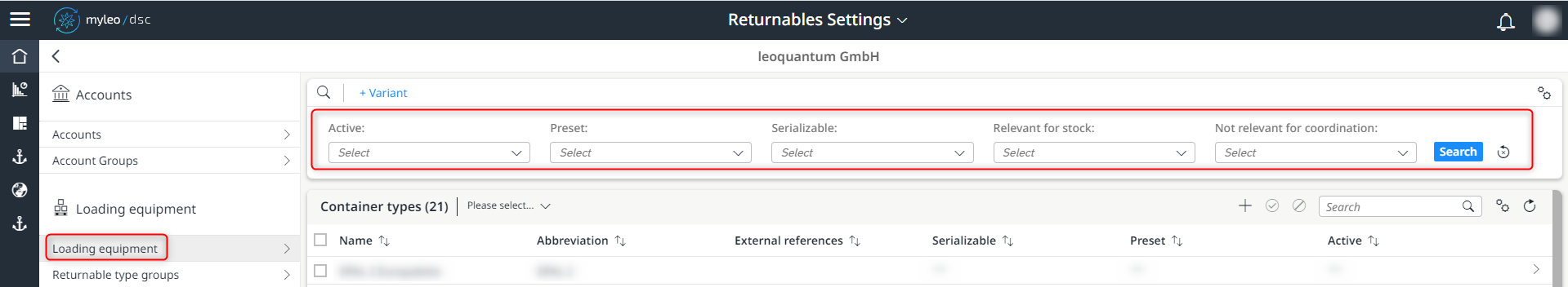 New search and filter functions within the loading equipment