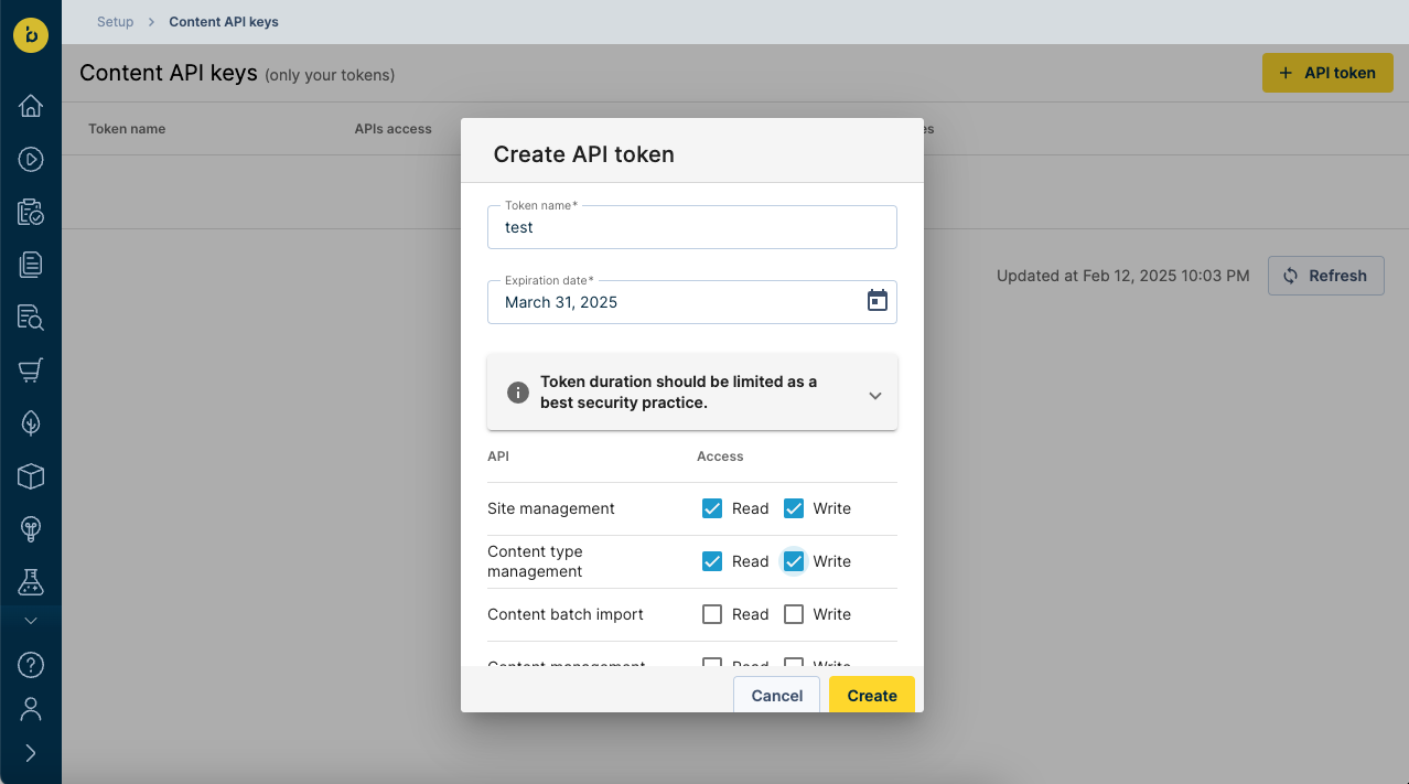 Screenshot of the Create API token dialog