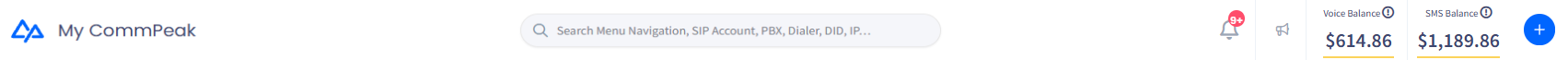 Screenshot of the CommPeak Portal top bar