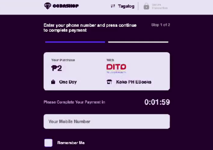 1\. User selects Dito carrier billing as a payment channel, inputs his MSISDN and click continue