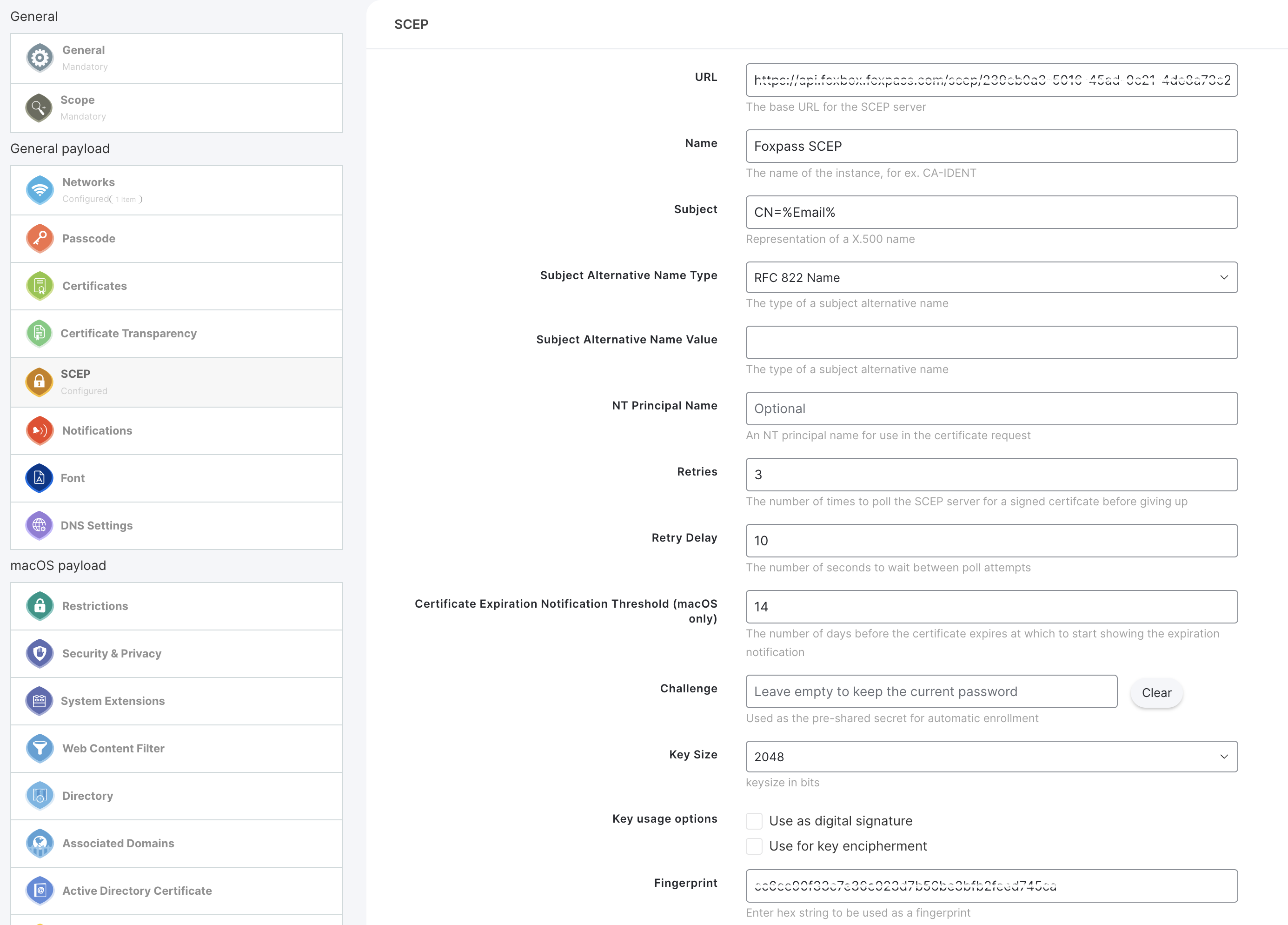 SCEP Payload settings for a user certificate