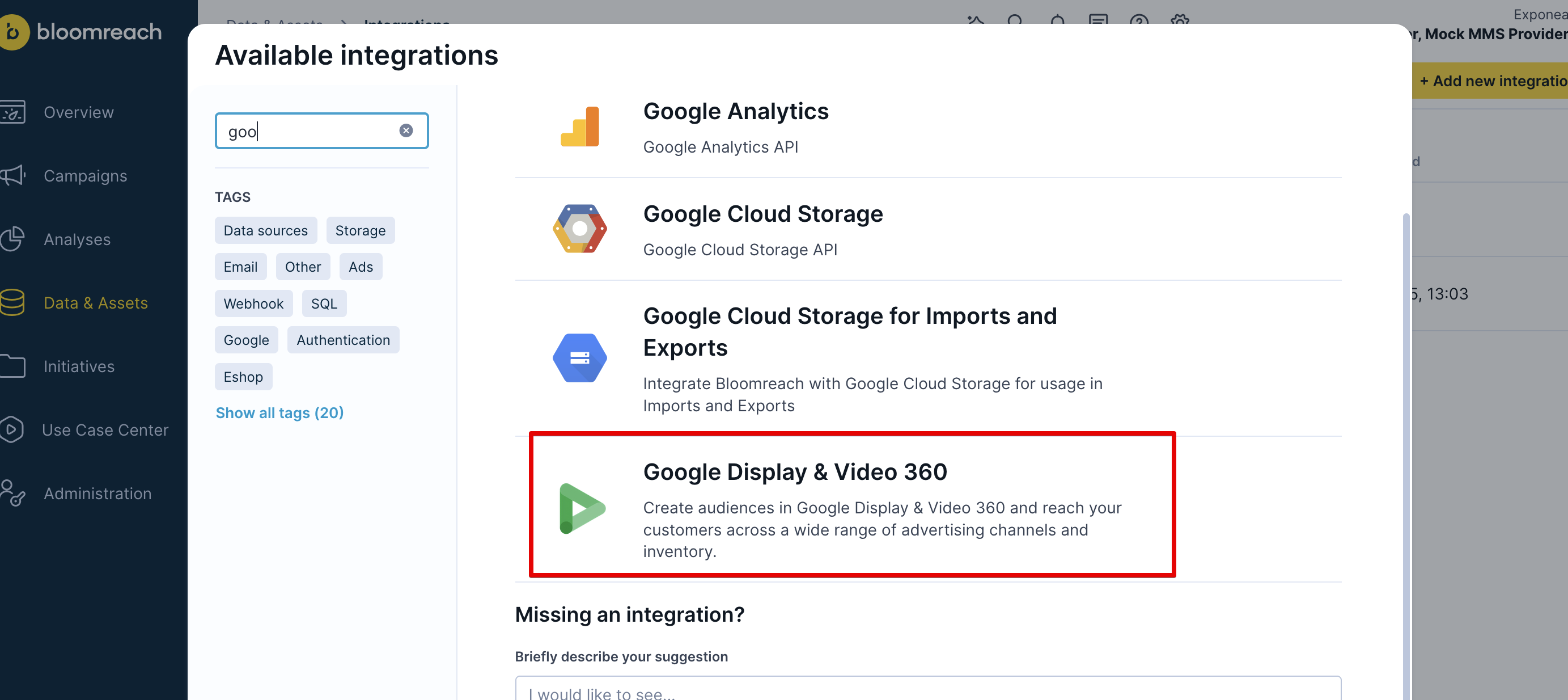 Bloomreach Engagement integrations page showing Google Display & Video 360 option highlighted in red box.