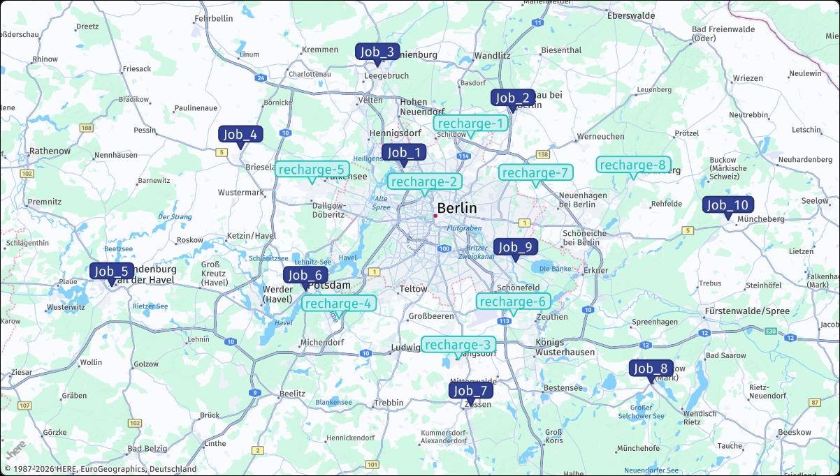 Job and private charging station locations in the sample EV scenario