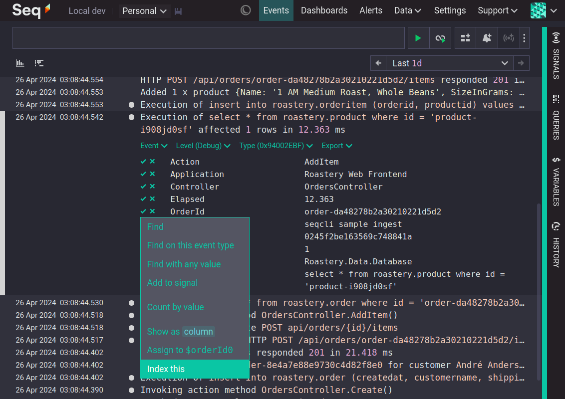 An expanded event with 'Index this' highlighted for the 'OrderId' property.