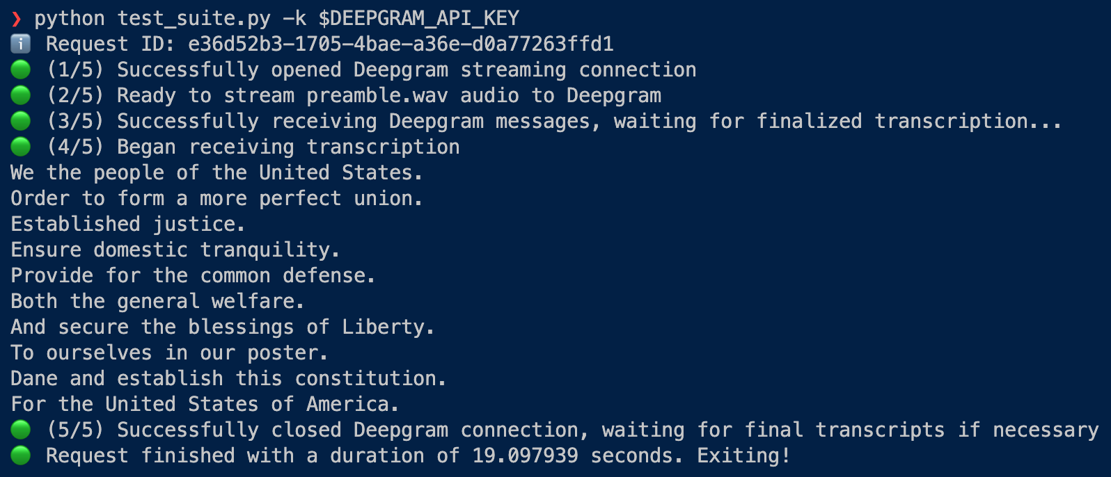 image of terminal showing the streaming test suite transcribing the Preamble
