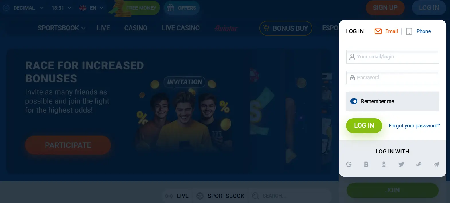 Login screen for Chicken Road Game – enter your email or phone to access your account. Includes social media login options and a bonus invitation banner.
