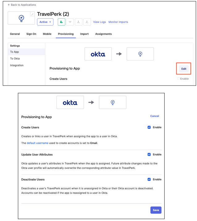 The Okta To App settings with Create, Update, and Deactivate enabled.