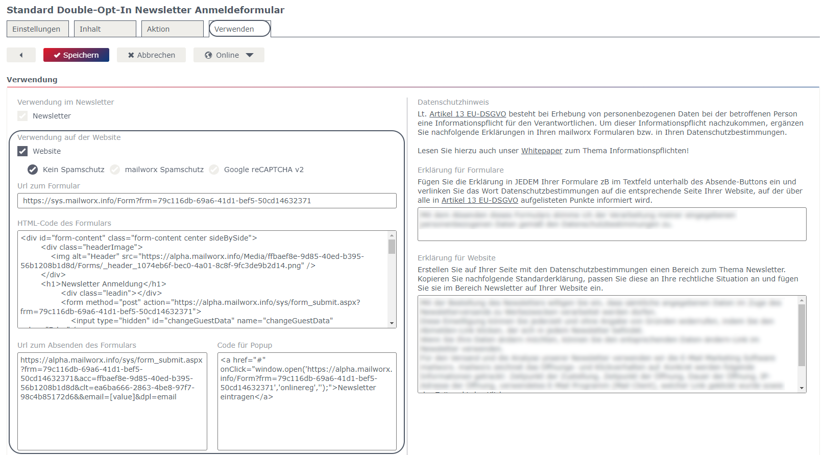 Verwenden auf der Website Verwenden auf der Website