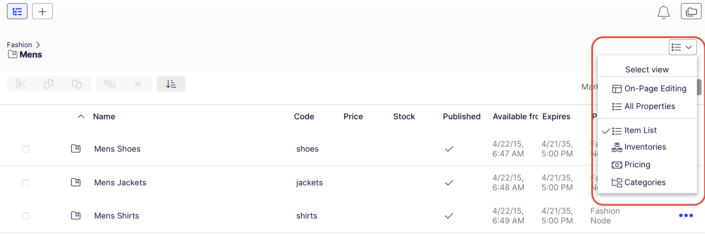 Screenshot of the catalog item list Select view menu with editing options for Inventories, Pricing, Categories, and Related Entries.