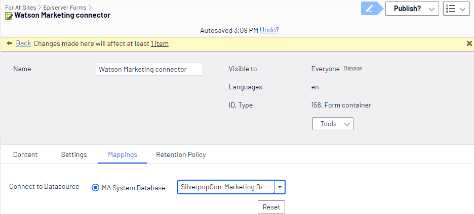 Screenshot of the Mappings tab where mapping form fields to an Acoustic database