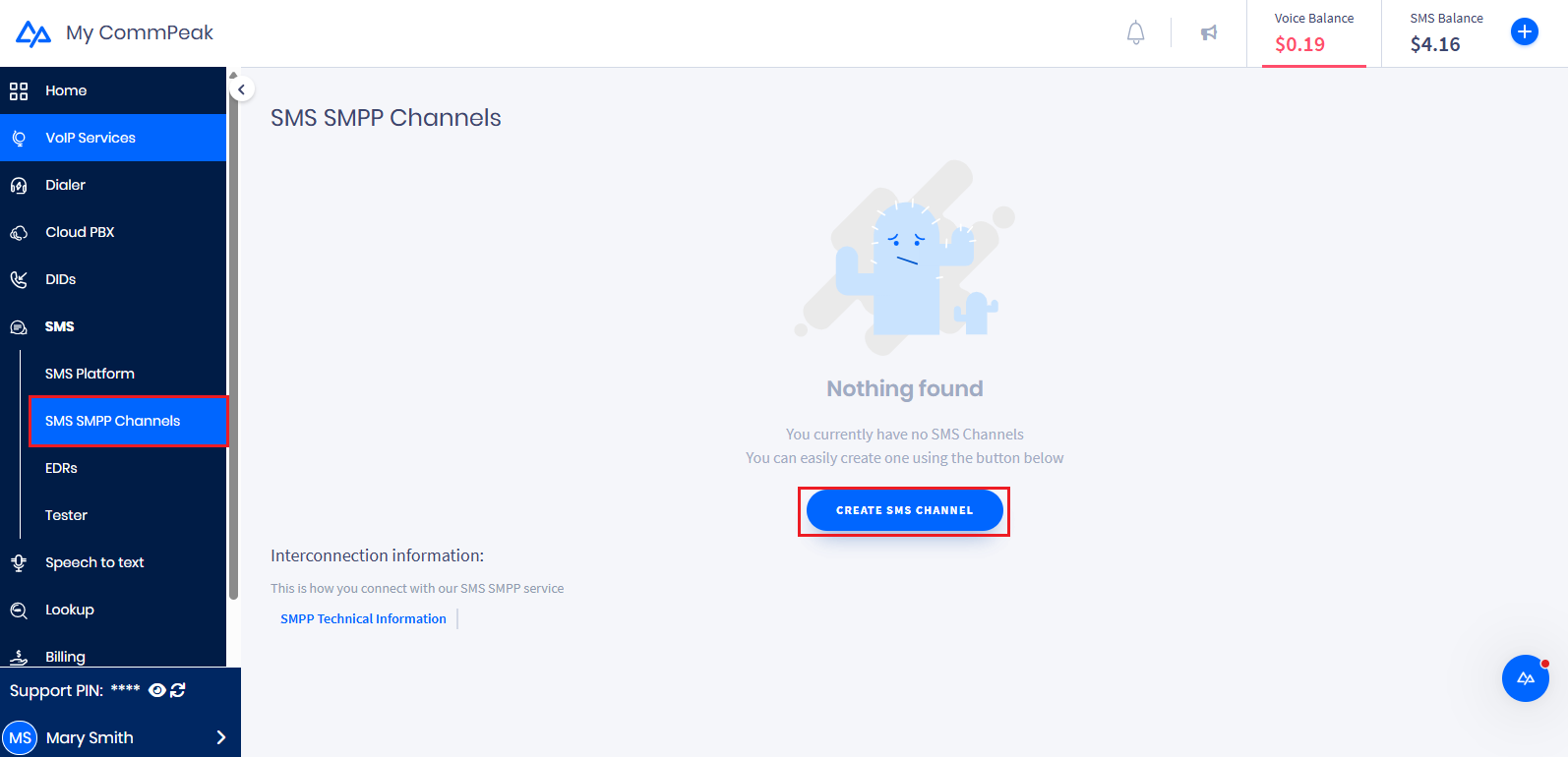 Screenshot of the **CREATE SMS CHANNEL** button