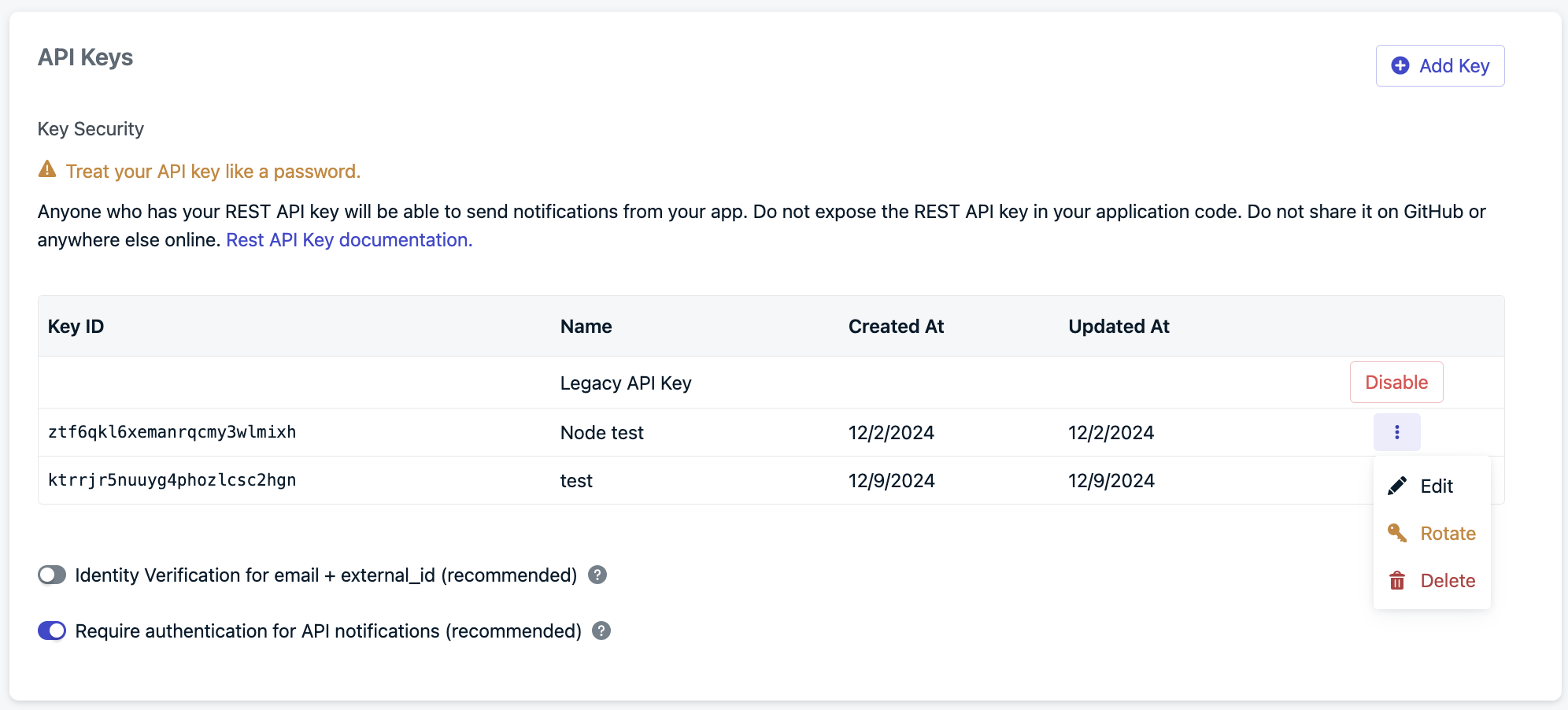 The Key ID is not your API key. It is an identifier in case you want to save it for later, but does nothing.