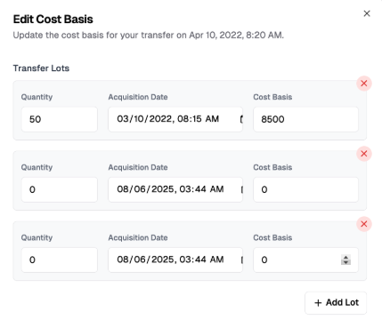 Example UI that can be powered for end users to fill in lot level acquisition details