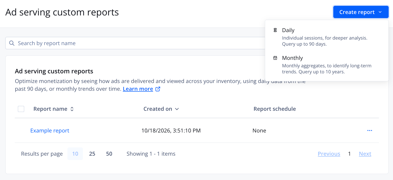 Ad serving custom reports tab