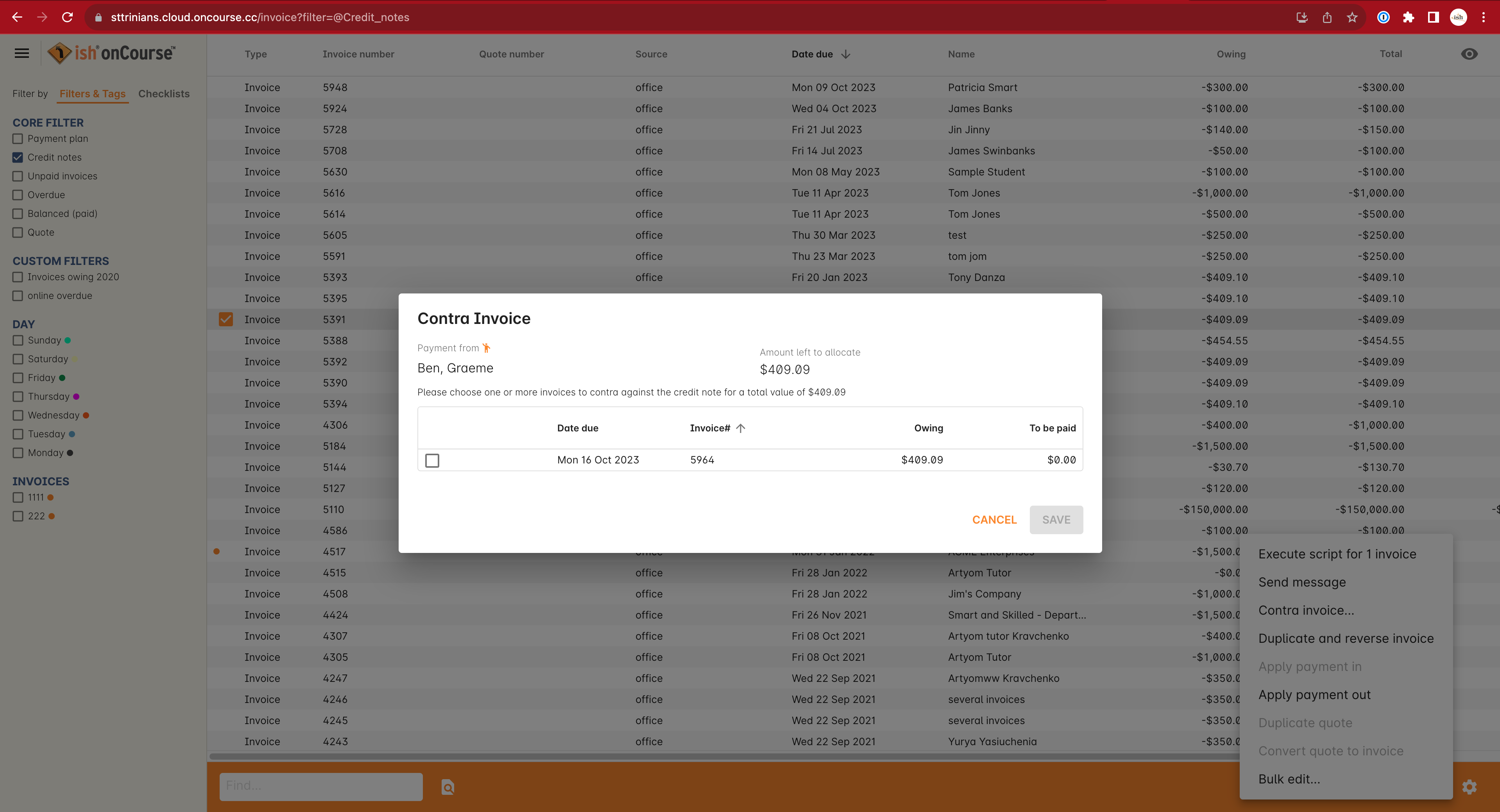 Choosing an invoice to contra pay a credit against