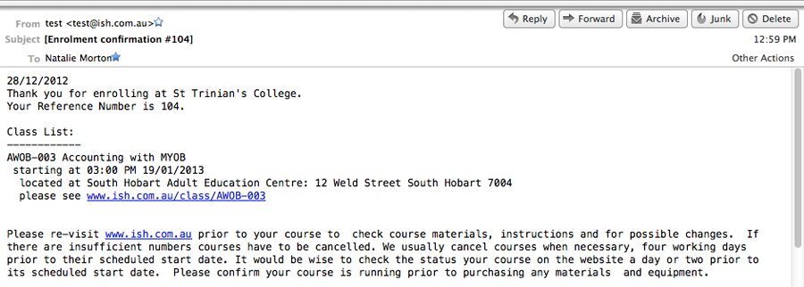 A plain text email showing the basic information a student needs to attend class