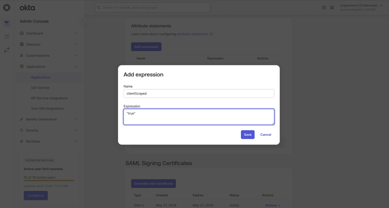 Okta expression editor for mapping the clientScoped attribute