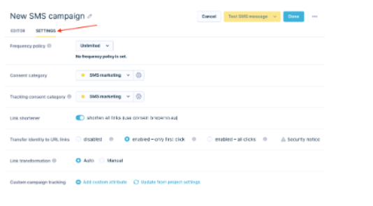 SMS campaign Settings tab showing frequency policy, consent, and link tracking options