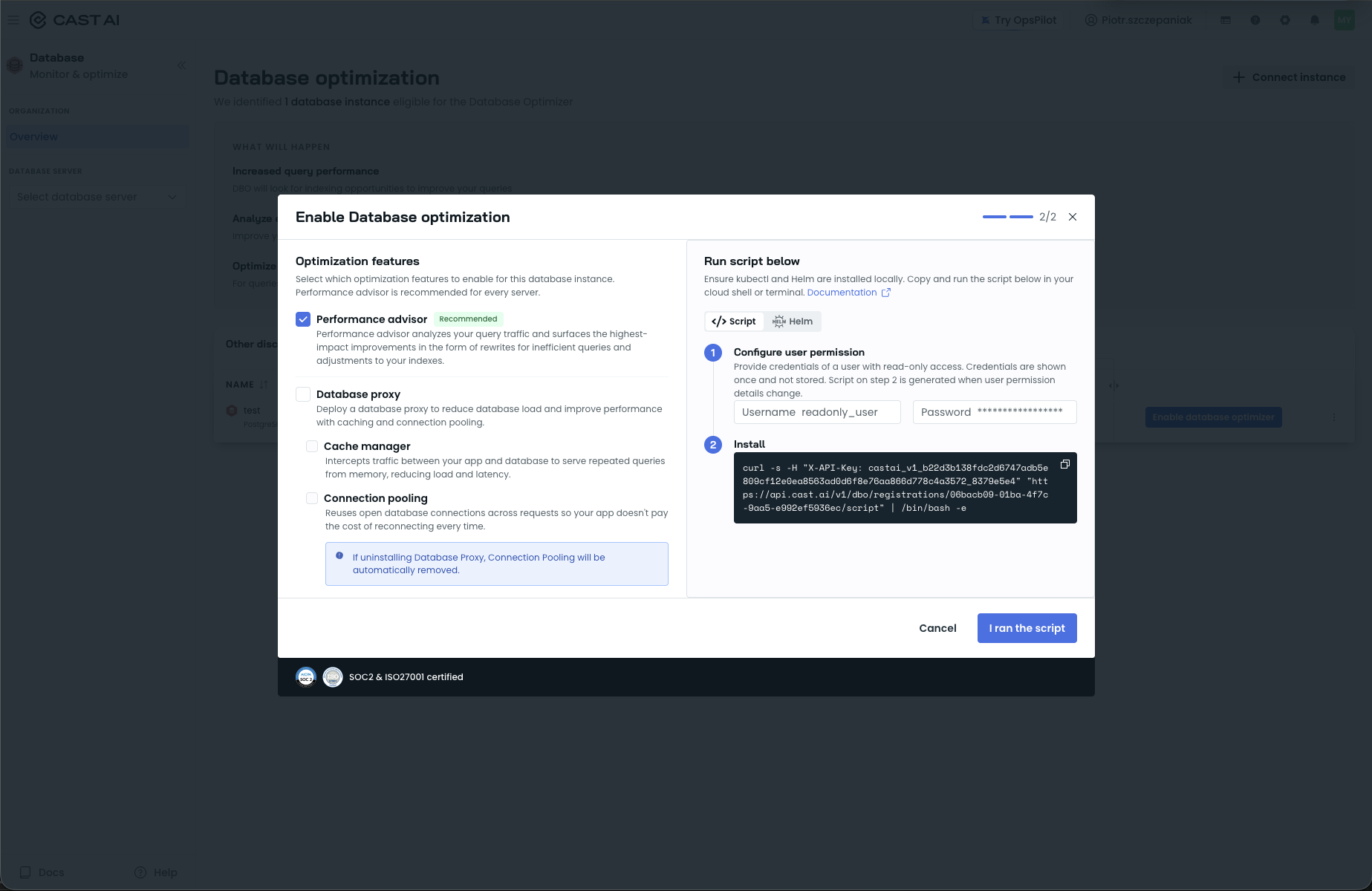 Enable Database optimization dialog with the Optimization features checkboxes and the Script tab install steps