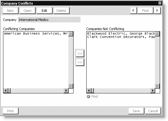 From Exposition, select Process booth orders, open an order, click More, and select Company Conflicts