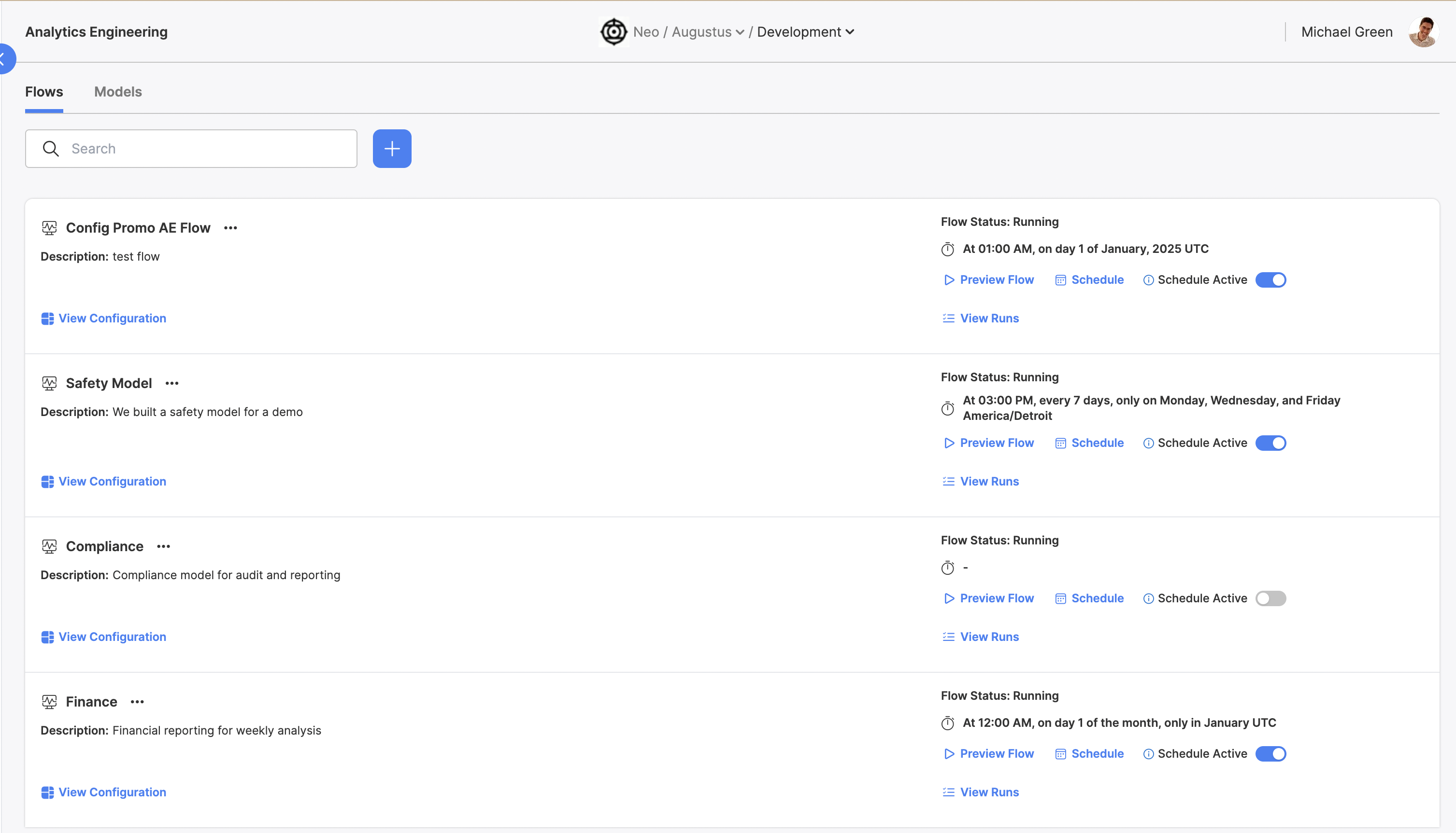 A list of all Analytics Engineering Flows in Neo - Augustus - Development