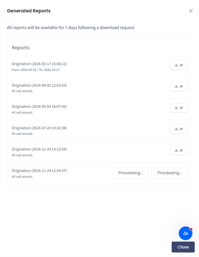 Screenshot of the Generated Reports side menu