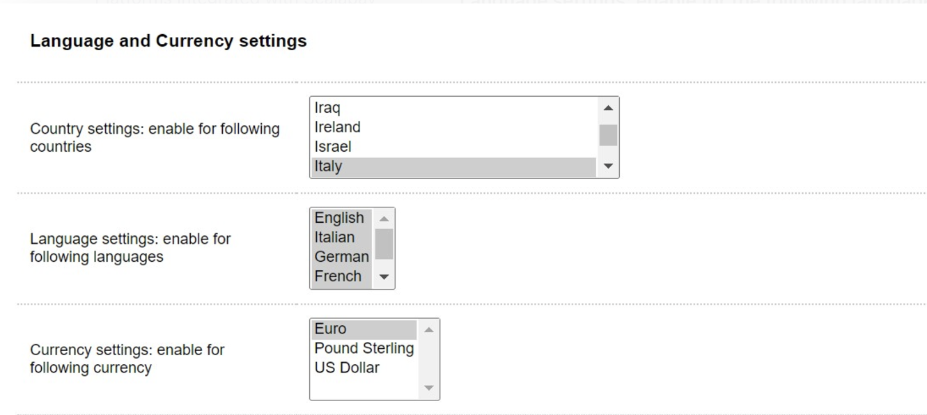 Language and currency settings