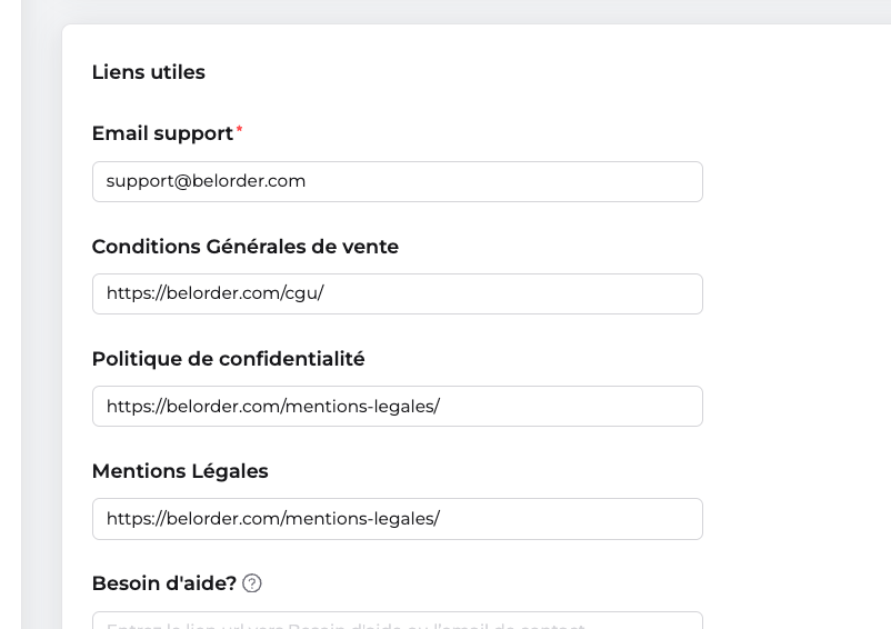Carte Liens utiles dans les Paramètres avancés de l'entreprise, avec les champs Email support, Conditions Générales de vente, Politique de confidentialité, Mentions Légales et Besoin d'aide