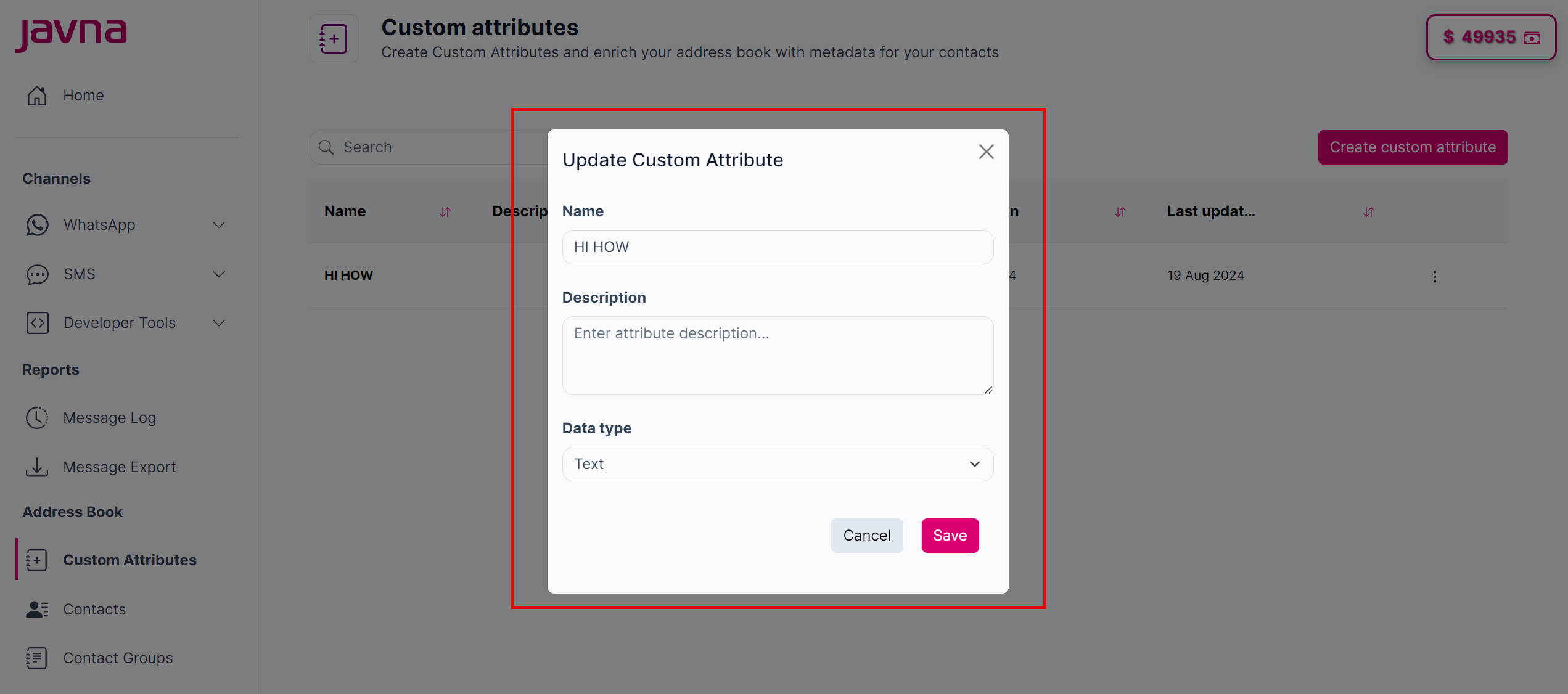 Fig 147: The "Update Custom Attribute" pop up.