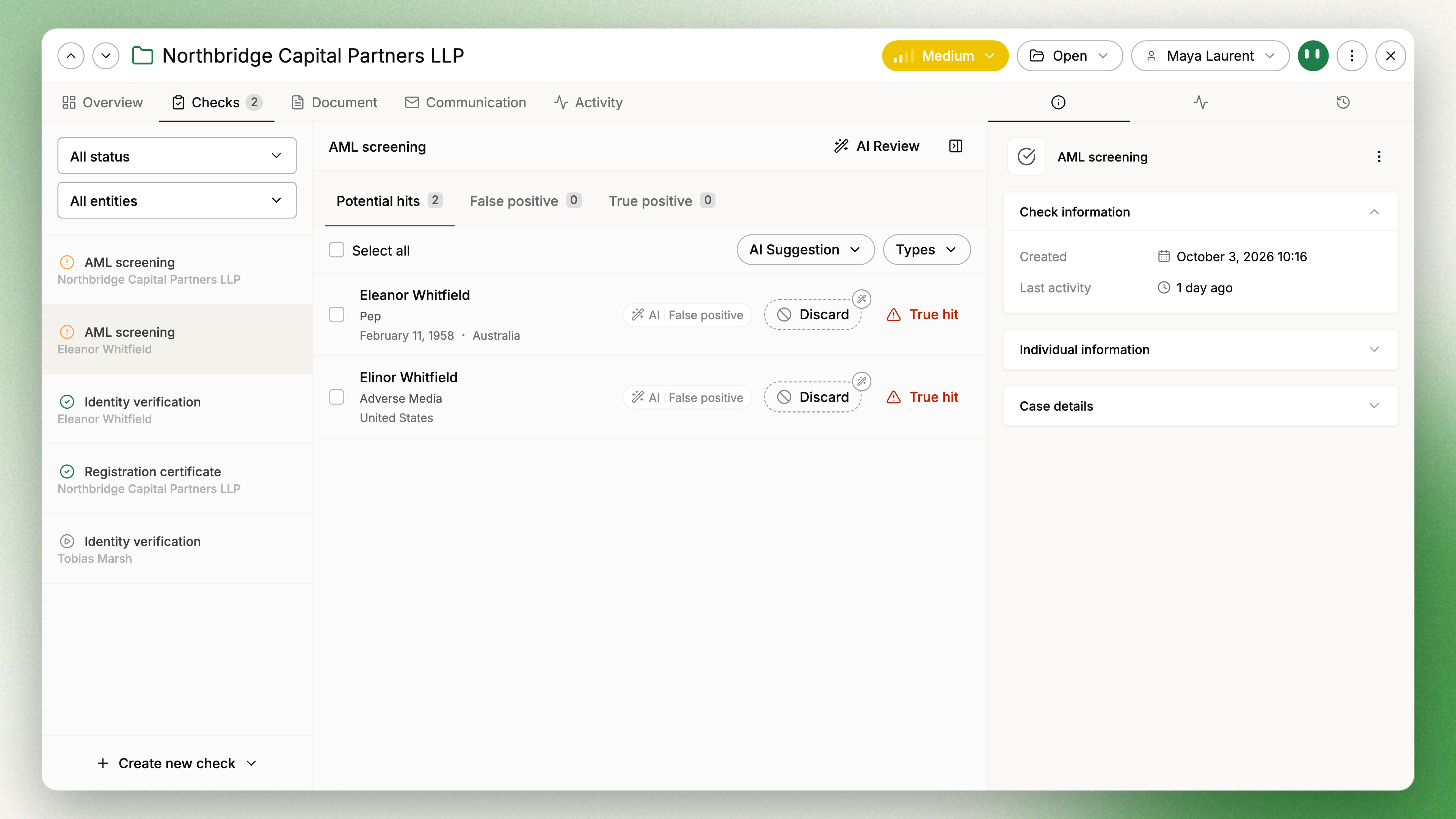 The Checks tab: filtered inbox on the left, an AML screening check open in place