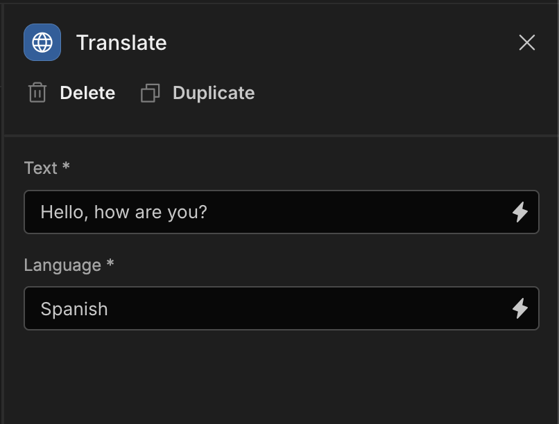 Showing the translate automation step with its fields.